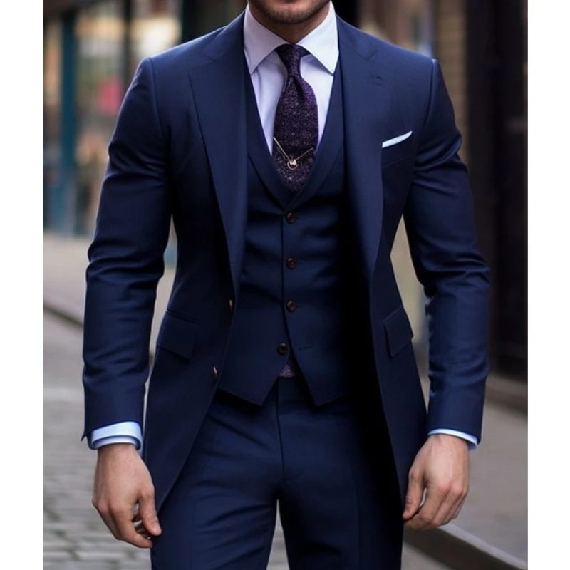 Navy Blue 3 Pieces Casual Male - đánh giá và giá Men Formal Wear Blue